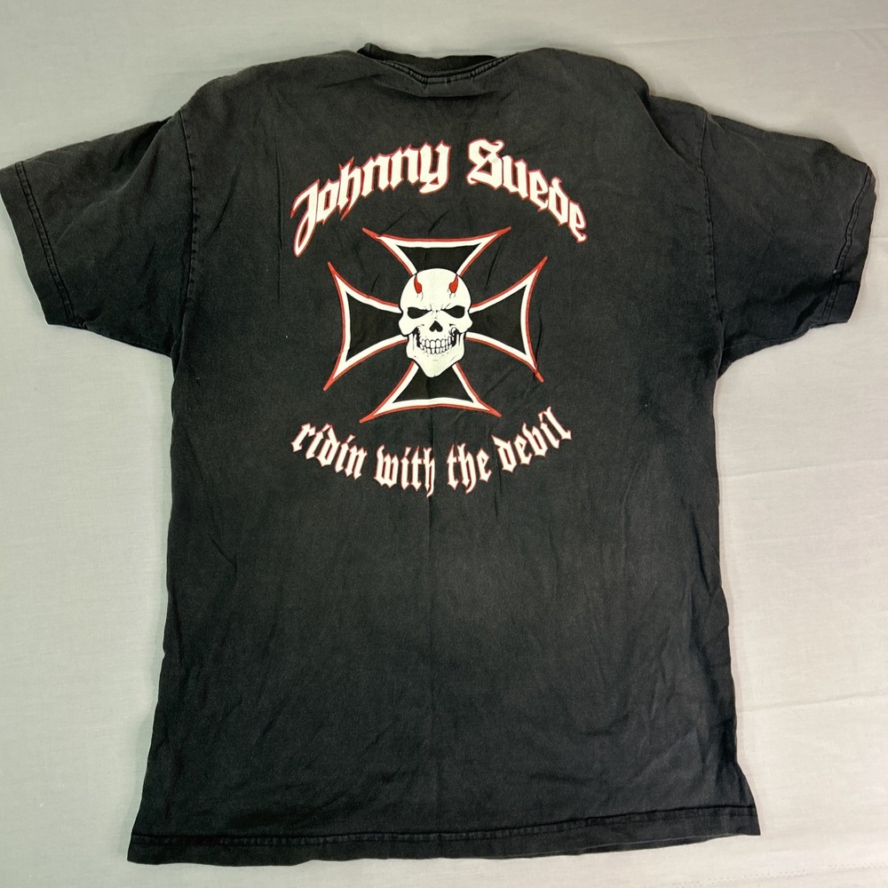 Vintage Y2K Johnny Suede Large Tee Shirt Biker Iron Cross Skull Black Fade